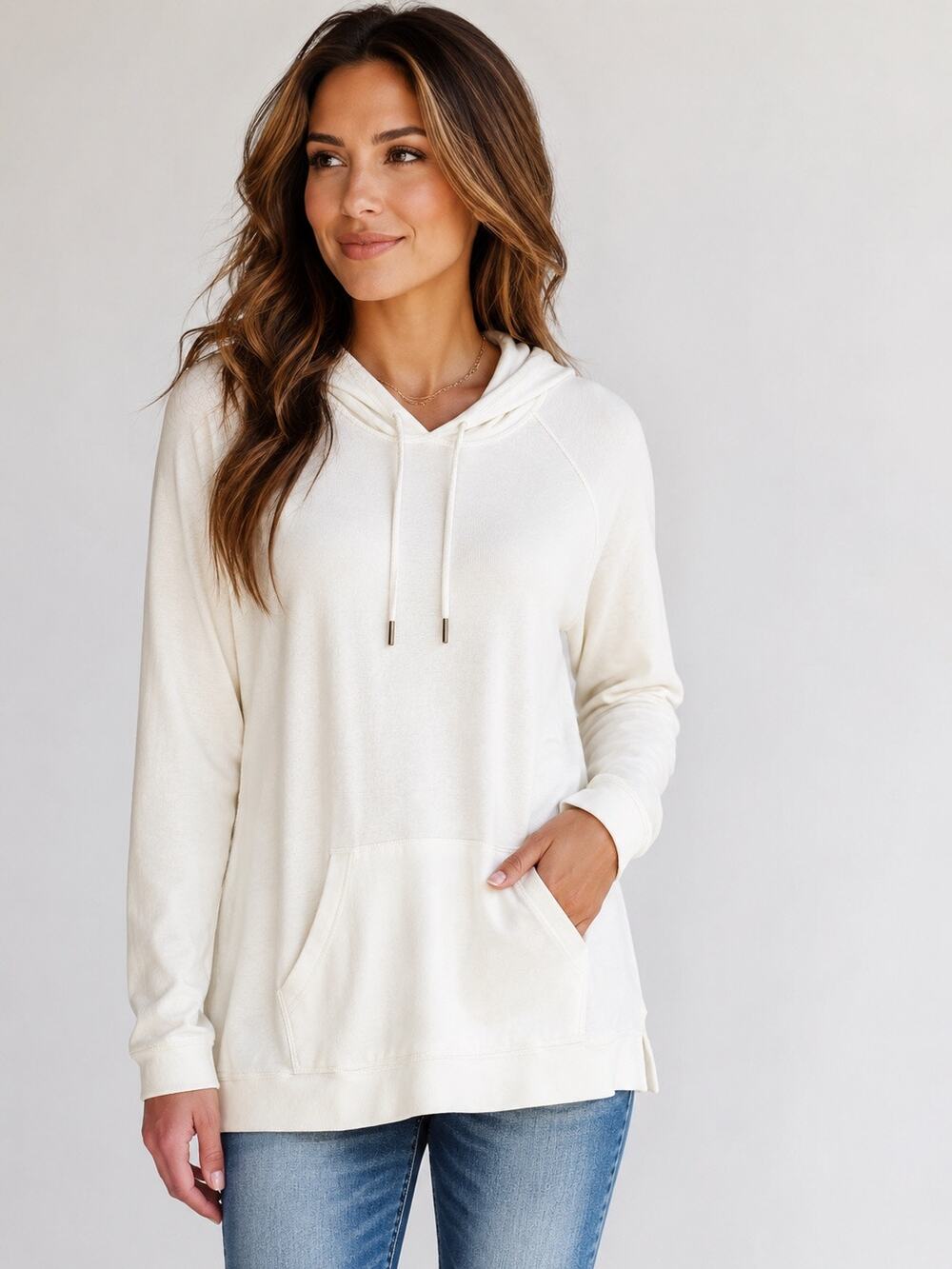 Peruvian Connection XL Ivory 100% Cotton Longline Pullover Hoodie Tunic